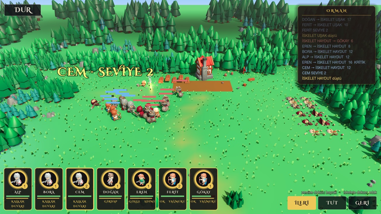 A real-time battle in a forest region, with hero cards and army commands along the bottom