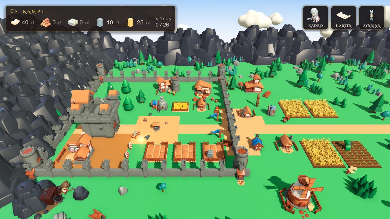 The walled base camp with its castle, storehouses, fields and windmill