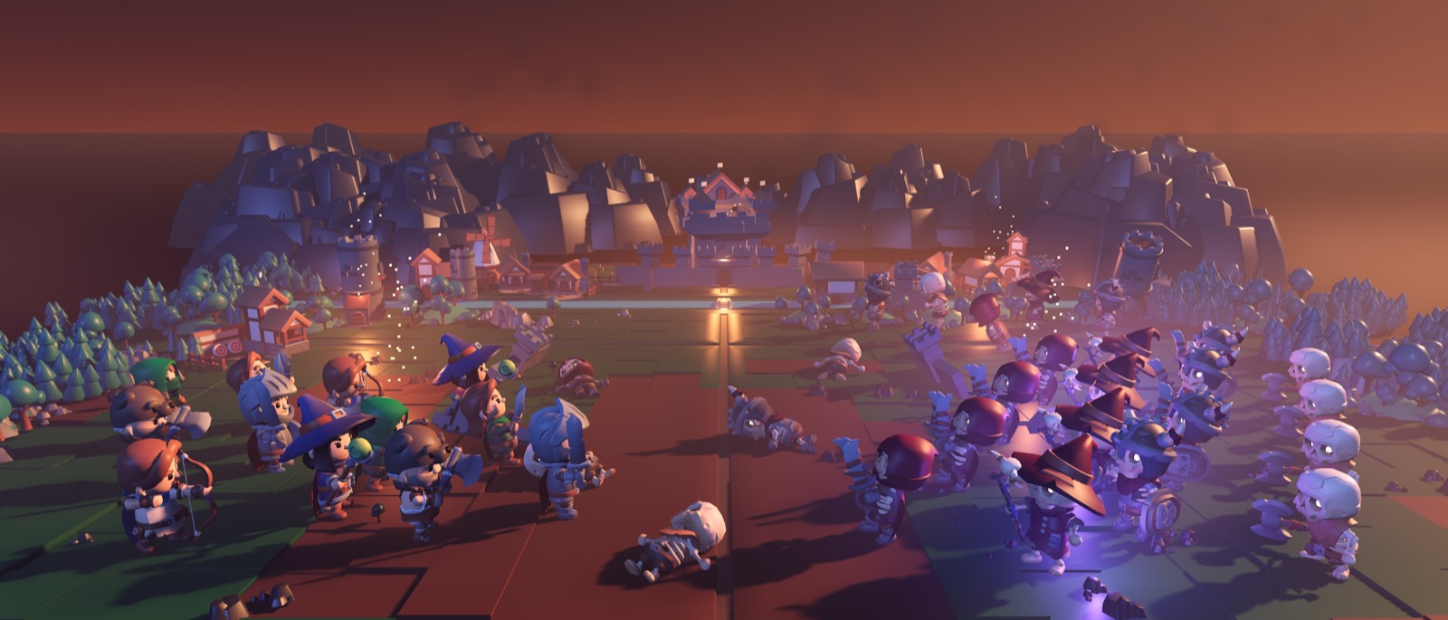 Adventurers and a skeleton army facing each other in front of a burning castle at dusk