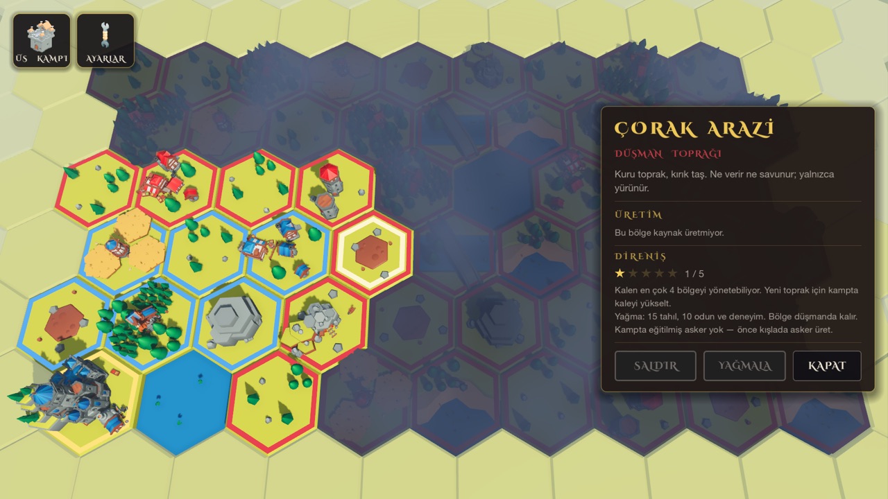 The hex world map: player regions in blue, enemy regions in red, the rest under fog