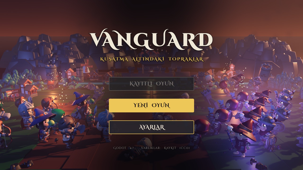 Main menu with the Vanguard title over two armies at dusk