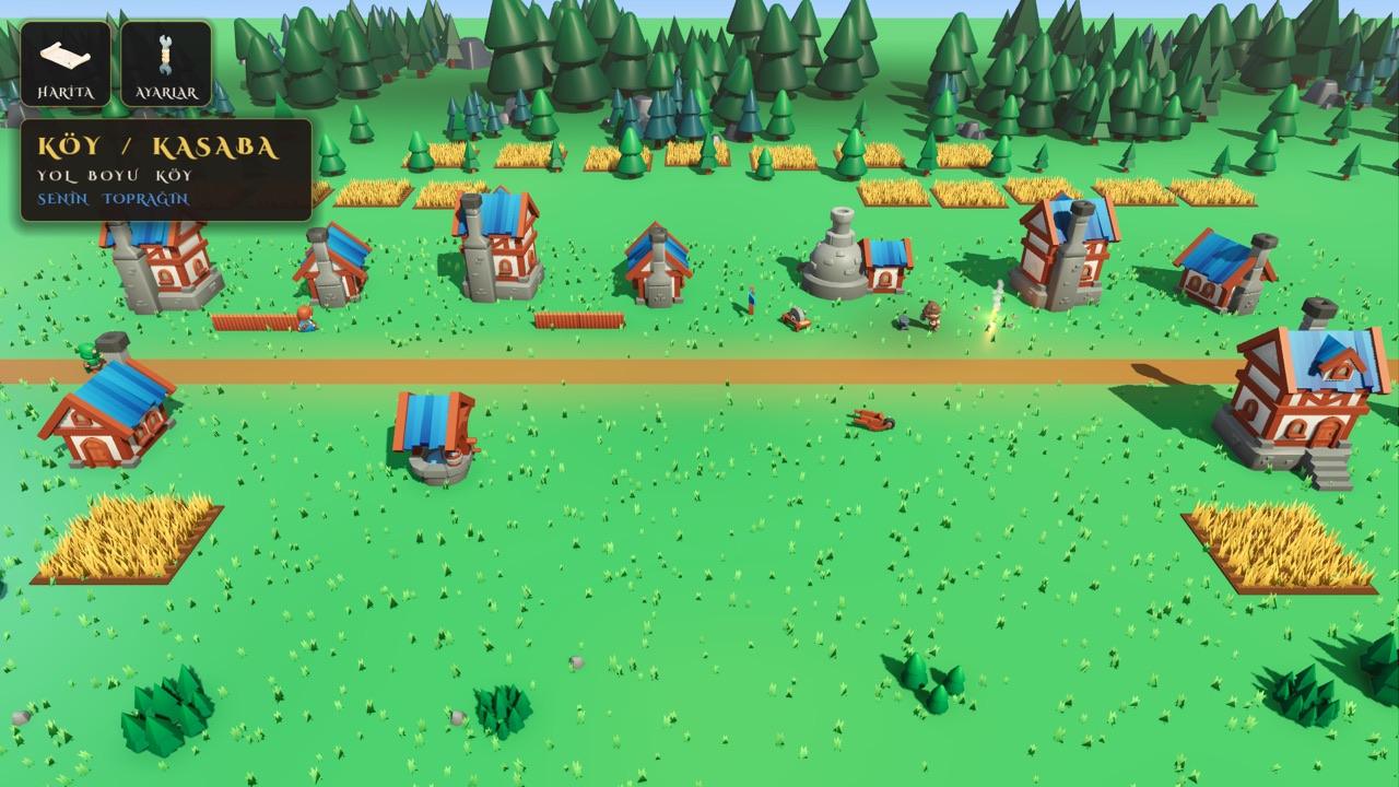 A conquered roadside village with blue-roofed houses and wheat fields